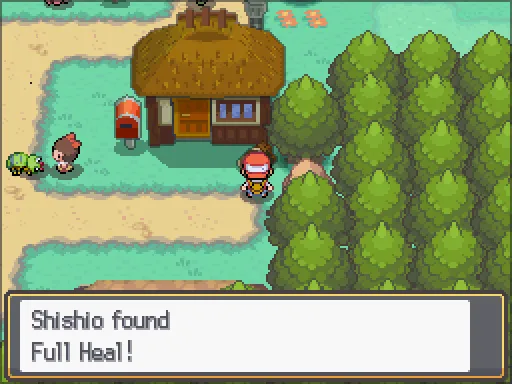 Azalea Town: Full Heal found, the text box open after pressing A