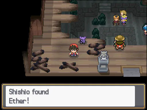 Burned Tower: Ether found, the text box open after pressing A