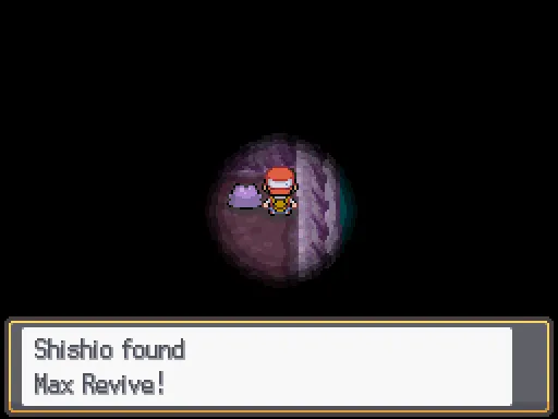 Cerulean Cave B1F: Max Revive found, the text box open after pressing A