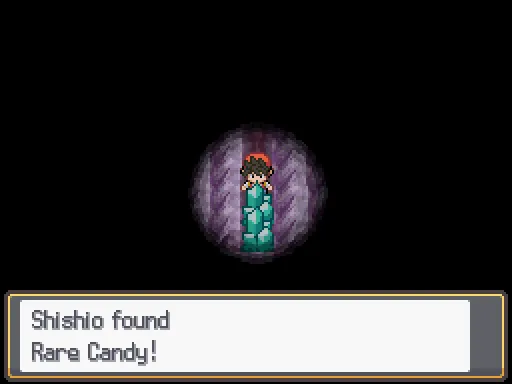 Cerulean Cave: Rare Candy found, the text box open after pressing A