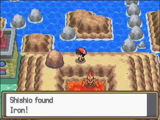 Cinnabar Island: Iron found, the text box open after pressing A