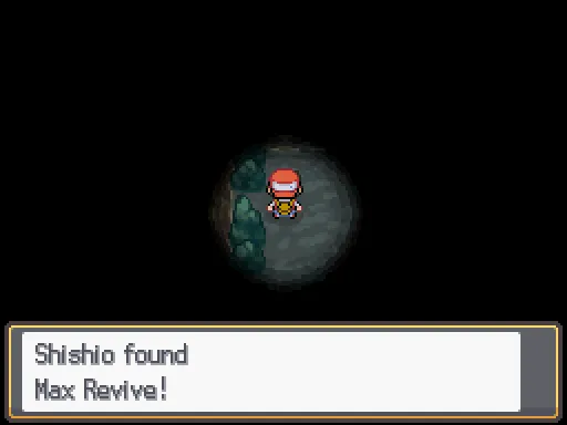 Dark Cave: Max Revive found, the text box open after pressing A