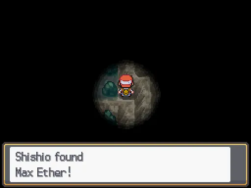 Dark Cave Route 31 Side: Max Ether found, the text box open after pressing A