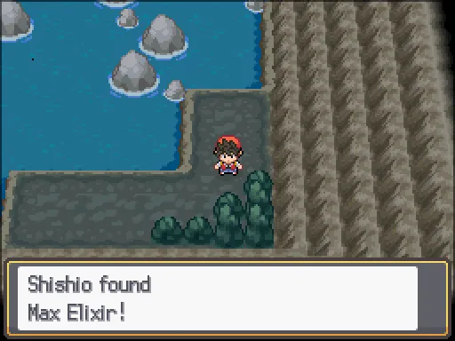 Dragon’s Den: Max Elixir found, the text box open after pressing A