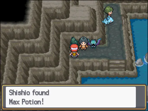 Dragon’s Den: Max Potion found, the text box open after pressing A
