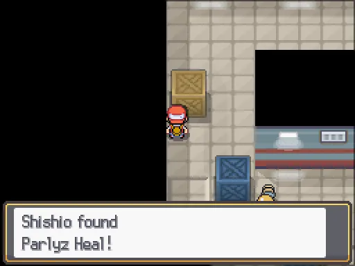 Goldenrod Department Store: Paralyze Heal found, the text box open after pressing A