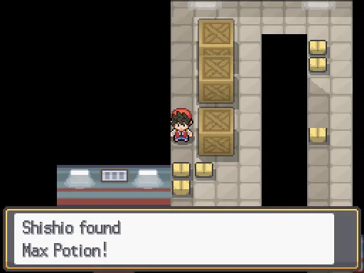 Goldenrod Tunnel Warehouse: Max Potion found, the text box open after pressing A