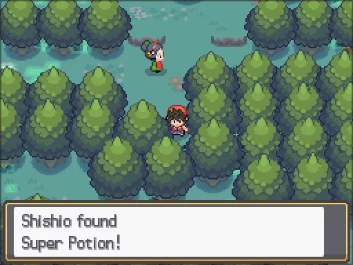 Ilex Forest: Super Potion found, the text box open after pressing A