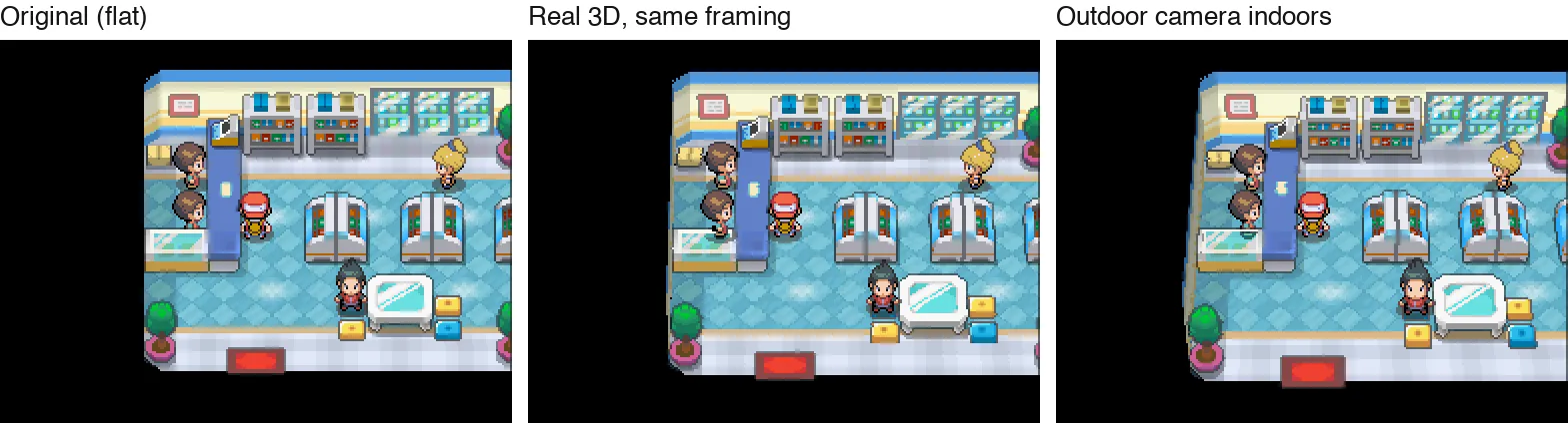 A Poké Mart with the original flat camera, real 3D with the same framing, and the outdoor camera