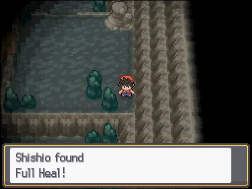 Island Cave: Full Heal found, the text box open after pressing A