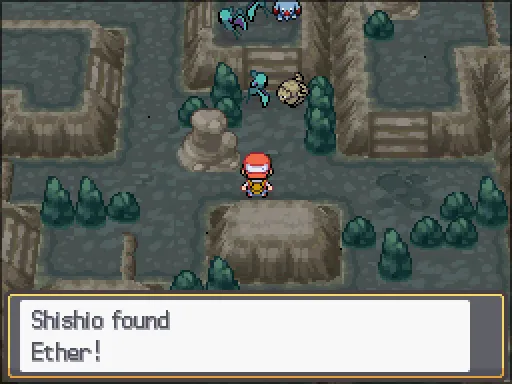 Mt. Mortar 1F, back cave: Ether found, the text box open after pressing A