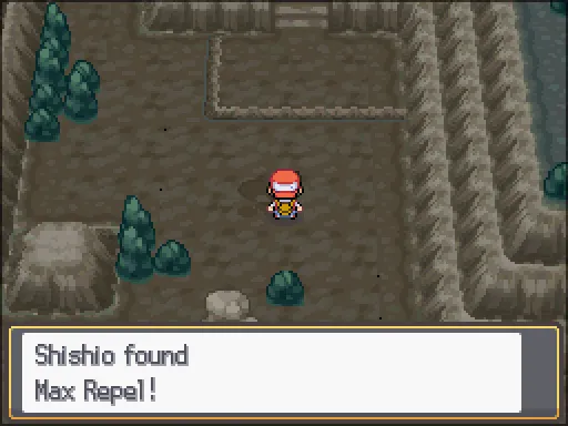 Mt. Mortar 1F, back cave: Max Repel found, the text box open after pressing A
