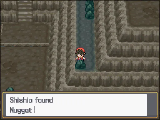 Mt. Mortar 1F, back cave: Nugget found, the text box open after pressing A