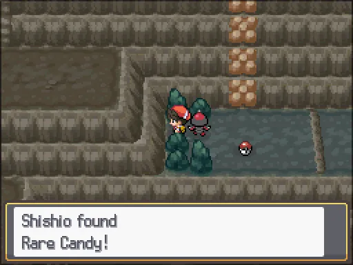 Mt. Mortar 1F, back cave: Rare Candy found, the text box open after pressing A