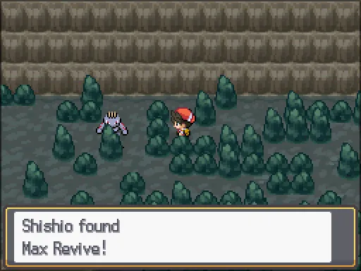 Mt. Mortar B1F: Max Revive found, the text box open after pressing A