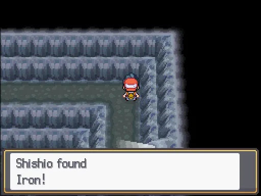 Mt. Silver Cave 2F: Iron found, the text box open after pressing A