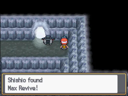 Mt. Silver Cave 3F: Max Revive found, the text box open after pressing A