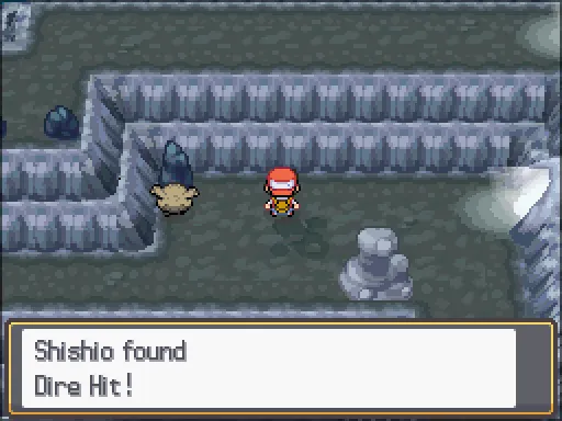 Mt. Silver Cave: Dire Hit found, the text box open after pressing A
