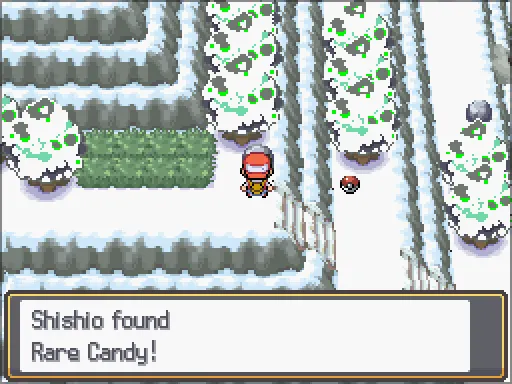 Mt. Silver Cave Upper Mountainside: Rare Candy found, the text box open after pressing A