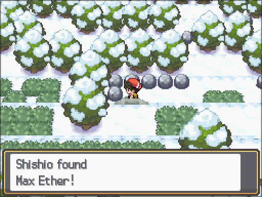 Mt. Silver, hot-spring mountainside: Max Ether found, the text box open after pressing A