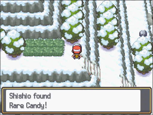 Mt. Silver, hot-spring mountainside: Rare Candy found, the text box open after pressing A