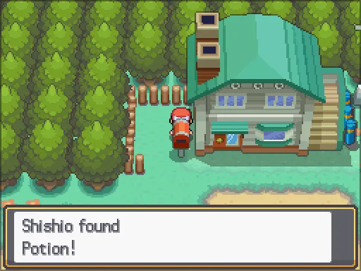 New Bark Town: Potion found, the text box open after pressing A