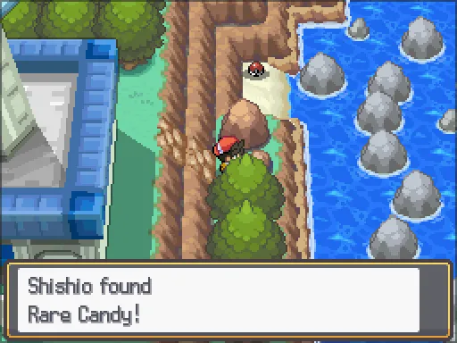 Olivine City: Rare Candy found, the text box open after pressing A