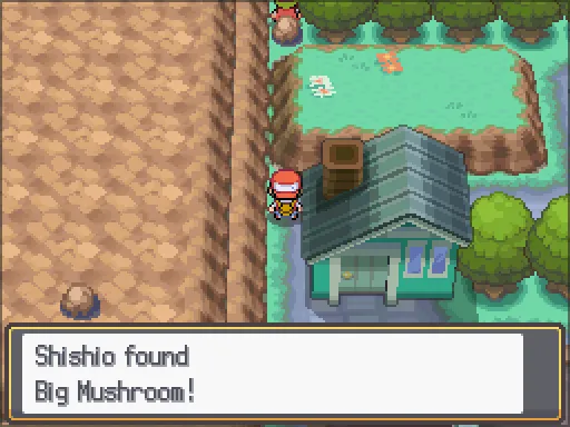 Pewter City: Big Mushroom found, the text box open after pressing A