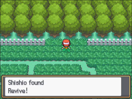 Route 11: Revive found, the text box open after pressing A