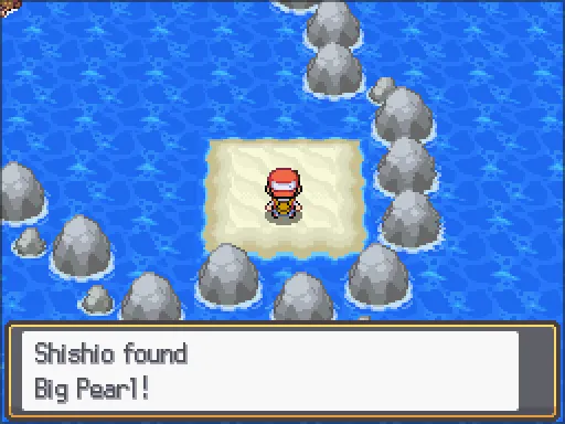 Route 19: Big Pearl found, the text box open after pressing A
