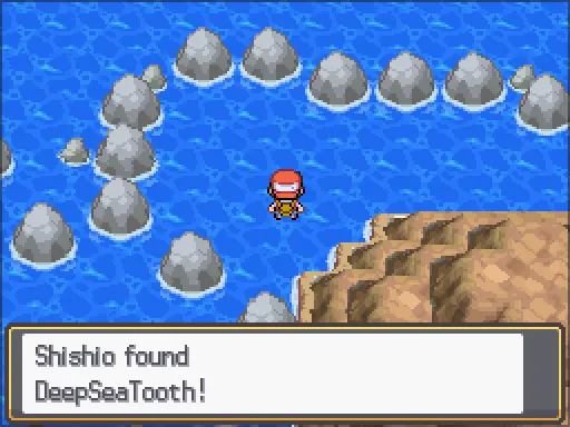 Route 20: Deep Sea Tooth found, the text box open after pressing A