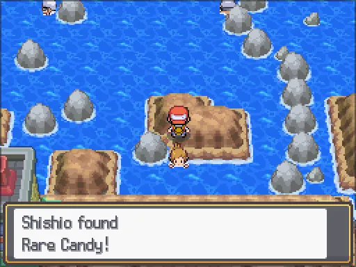 Route 21: Rare Candy found, the text box open after pressing A