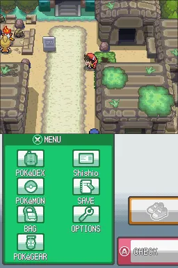 Ruins of Alph: the blocked grass beside the Kabuto chamber, with the player on the path to its left.