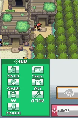 The player on the eastern path between the ruins and the trees, heading north toward the Kabuto chamber.