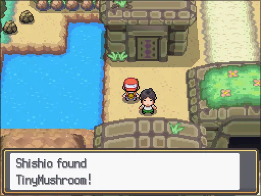 Ruins of Alph: Tiny Mushroom found, the text box open after pressing A