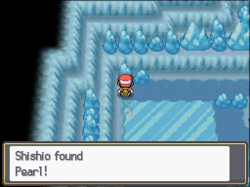 Seafoam Islands B2F: Pearl found, the text box open after pressing A