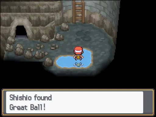 Slowpoke Well: Great Ball found, the text box open after pressing A
