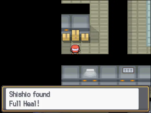 Team Rocket HQ B2F: Full Heal found, the text box open after pressing A