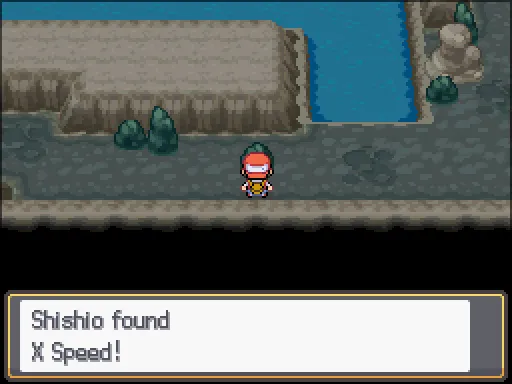 Union Cave B1F: X Speed found, the text box open after pressing A