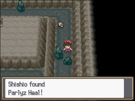 Union Cave: Paralyze Heal found, the text box open after pressing A