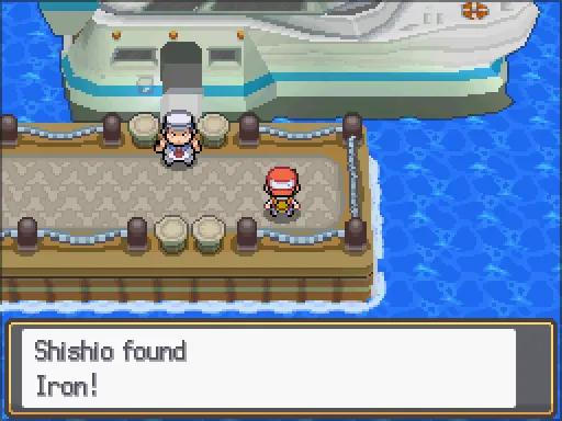 Vermilion Harbor pier: Iron found, the text box open after pressing A