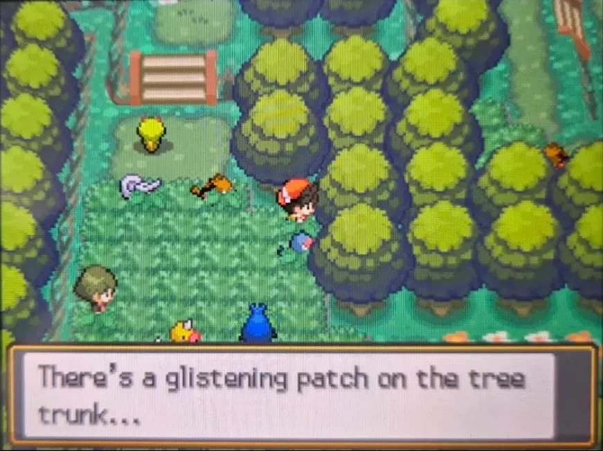 The Honey tree in Viridian Forest: the player stands at the east edge of the tall grass below the wooden stairs, facing the tree